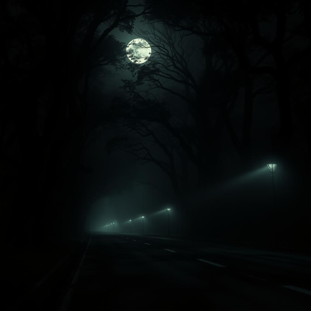 A haunting scene inspired by Balete Drive, featuring a long, moonlit road lined with tall, eerie Balete trees