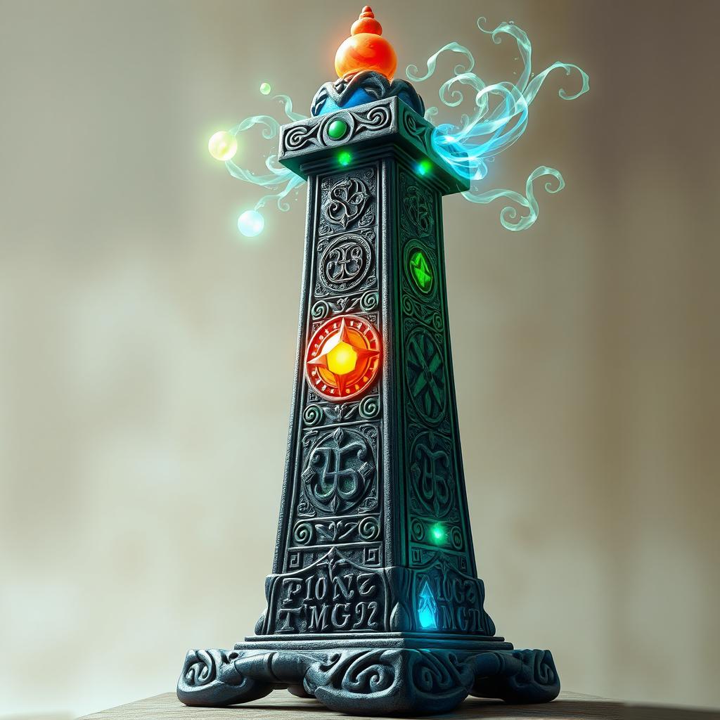 A beautifully designed spellcasting totem pillar, featuring intricate runes and symbols carved all around its surface