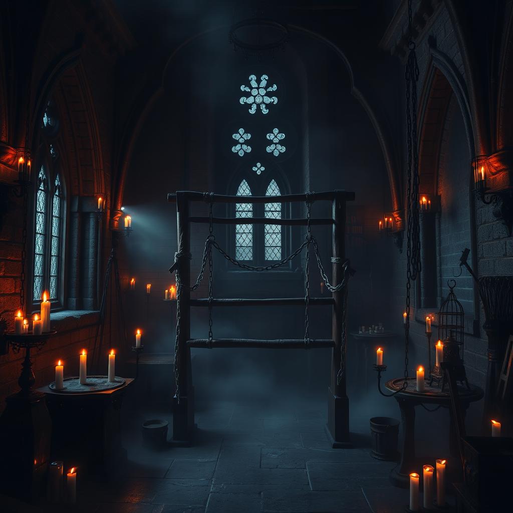 A dark, atmospheric goth torture chamber, featuring intricate, gothic architecture with arched windows, and stone walls