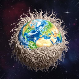 A surreal and imaginative representation of Earth seamlessly blended with a hairball
