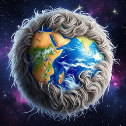 A surreal and imaginative representation of Earth seamlessly blended with a hairball