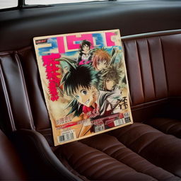 Close up view of a retro anime album cover prominently displayed on the aged leather seat of a vintage car.