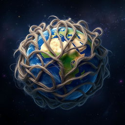 A surreal and imaginative artwork depicting a blend of the planet Earth and a hairball