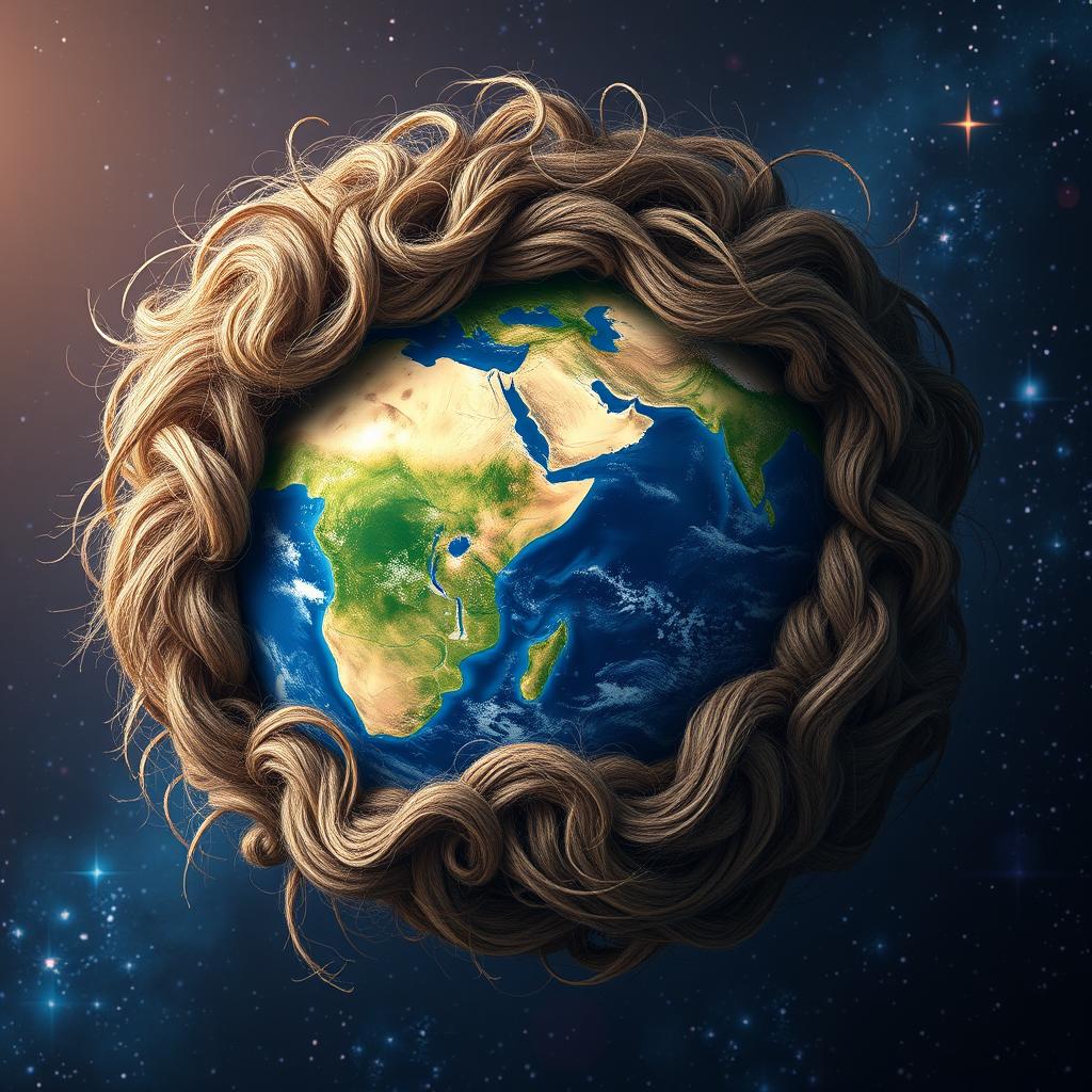 A surreal and imaginative artwork depicting a blend of the planet Earth and a hairball