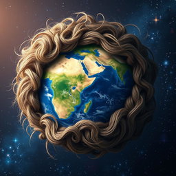 A surreal and imaginative artwork depicting a blend of the planet Earth and a hairball