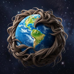 A surreal and imaginative artwork depicting a blend of the planet Earth and a hairball