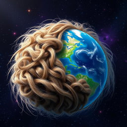 A surreal and imaginative artwork depicting a blend of the planet Earth and a hairball