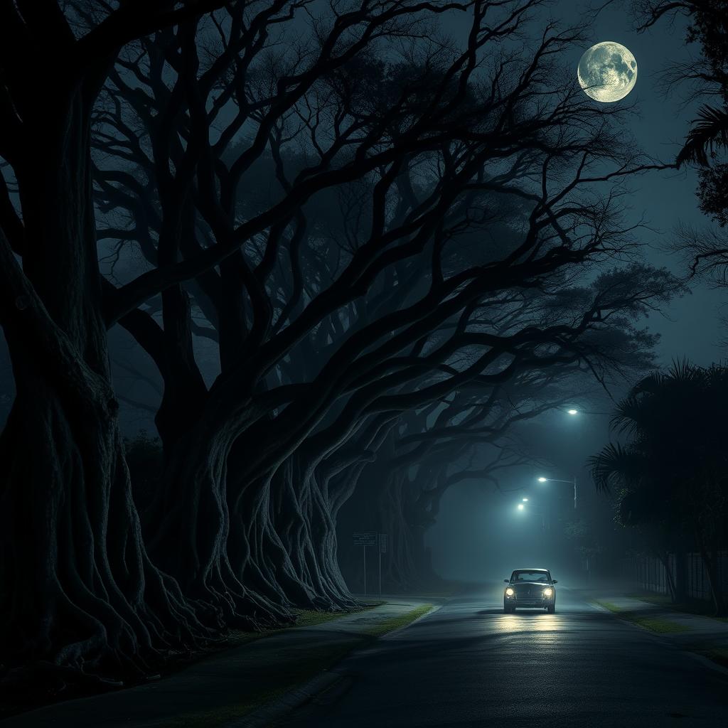 A mysterious and eerie scene of Balete Drive at night, featuring a dimly lit, winding street lined with towering Balete trees shrouded in mist