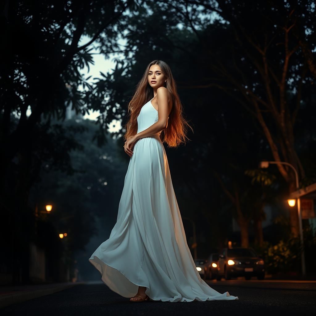 A stunning white lady standing elegantly in Balete Drive, surrounded by lush tropical trees and a mysterious atmosphere