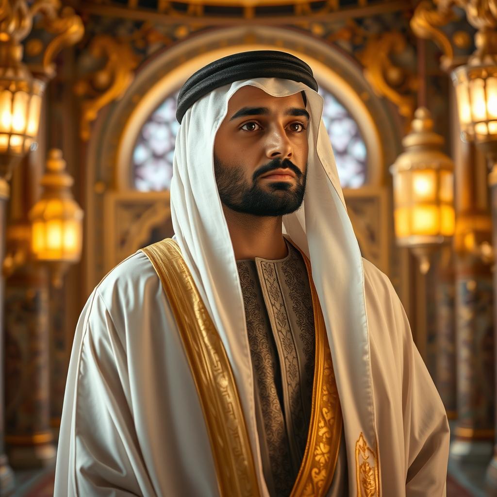 A dignified and wise Sheikh wearing traditional Arabian attire, complete with an intricately embroidered thobe and a stylish ghutrah headdress