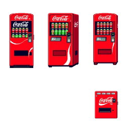 A vibrant and colorful pixel art spritesheet featuring a classic Coca-Cola vending machine