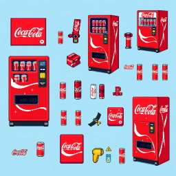 A vibrant and colorful pixel art spritesheet featuring a classic Coca-Cola vending machine