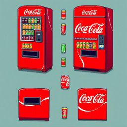 A vibrant and colorful pixel art spritesheet featuring a classic Coca-Cola vending machine