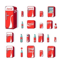 A detailed 16x16 pixel art spritesheet featuring a Coca-Cola themed refrigerator (nevera) with multiple variations