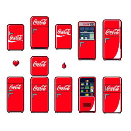 A detailed 16x16 pixel art spritesheet featuring a Coca-Cola themed refrigerator (nevera) with multiple variations
