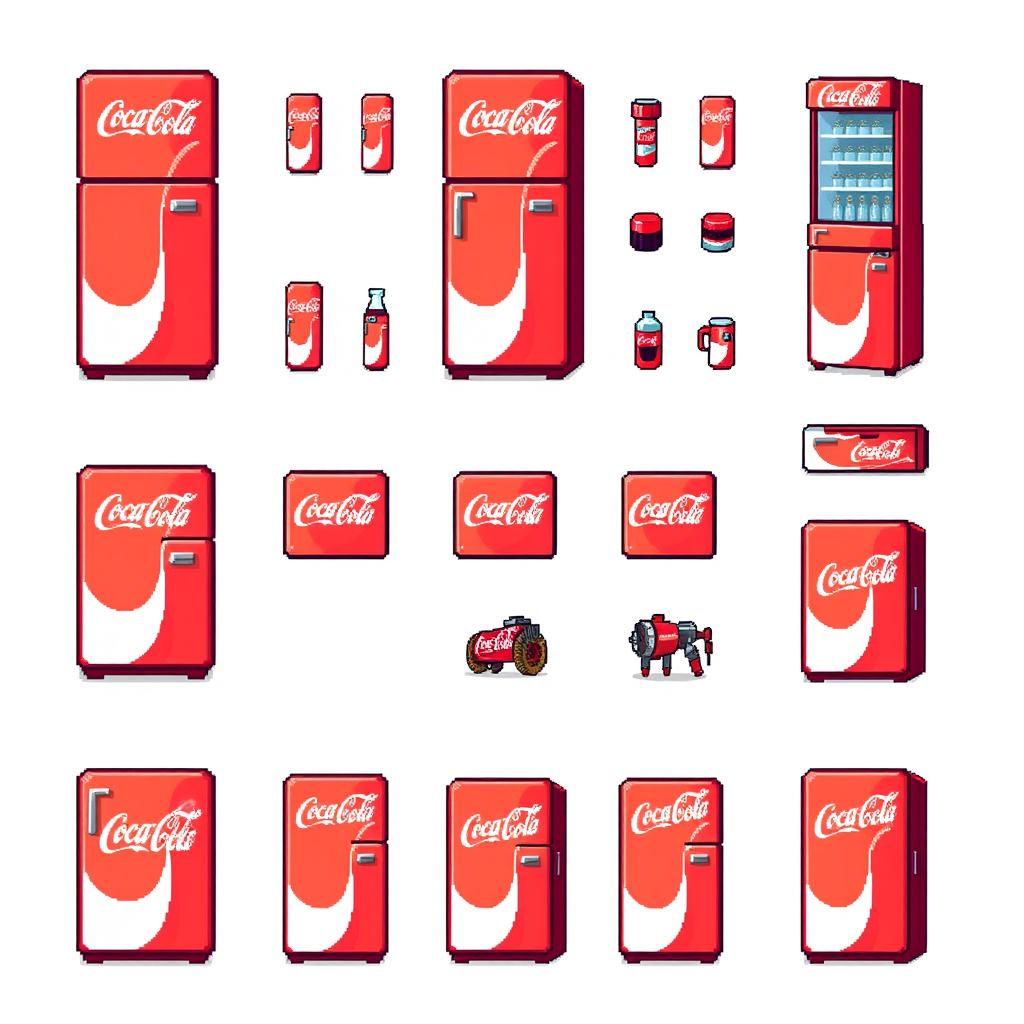 A detailed 16x16 pixel art spritesheet featuring a Coca-Cola themed refrigerator (nevera) with multiple variations