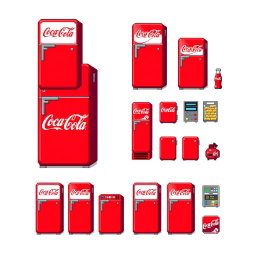A detailed 16x16 pixel art spritesheet featuring a Coca-Cola themed refrigerator (nevera) with multiple variations