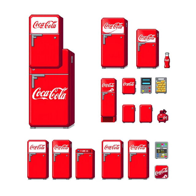 A detailed 16x16 pixel art spritesheet featuring a Coca-Cola themed refrigerator (nevera) with multiple variations