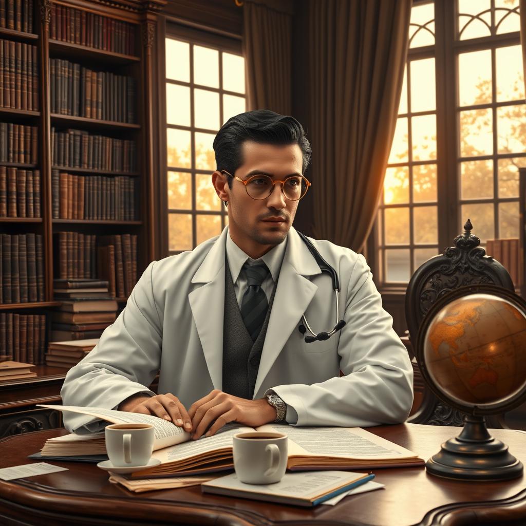 A young doctor around 30 years old, clean-shaven with elegant, classic-styled black hair slicked back, resembling Dr