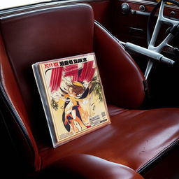 Close up view of a retro anime album cover prominently displayed on the aged leather seat of a vintage car.