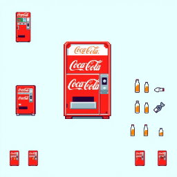 A pixel art spritesheet featuring a vintage Coca-Cola vending machine (nevera Coca-Cola) in a perfect 16x16 pixel grid
