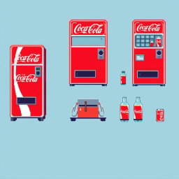 A pixel art spritesheet featuring a vintage Coca-Cola vending machine (nevera Coca-Cola) in a perfect 16x16 pixel grid