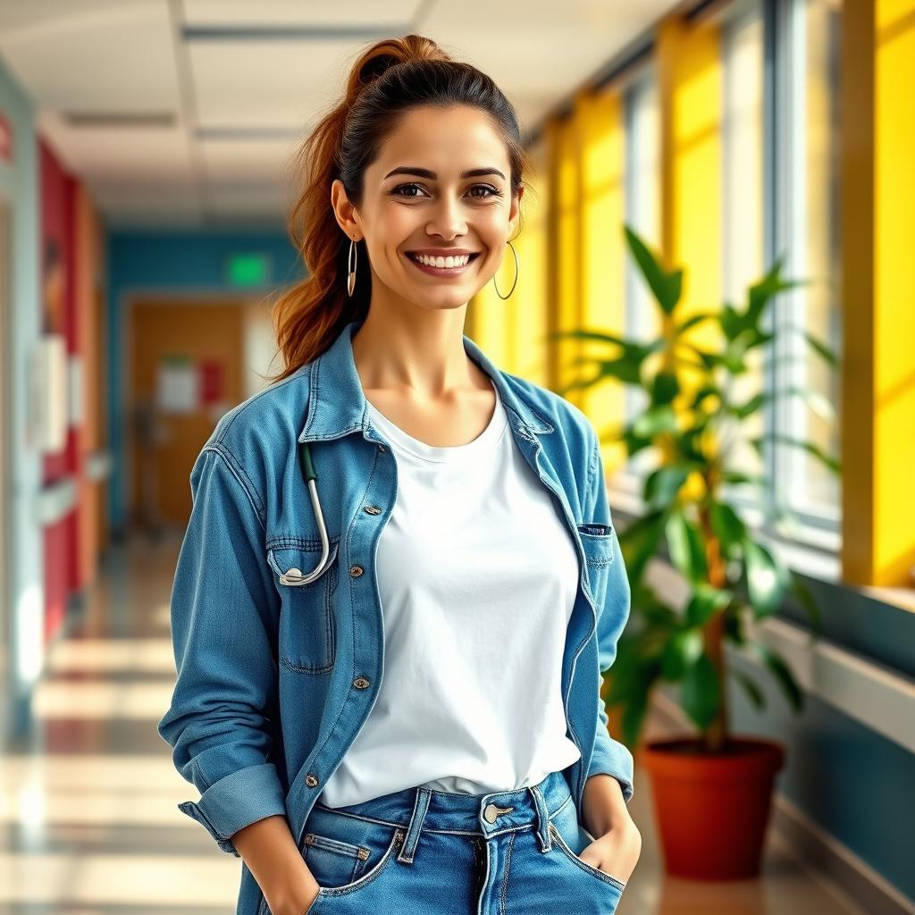 A confident female nurse casually dressed in a stylish jeans and a t-shirt, standing in a bright and cheerful hospital corridor