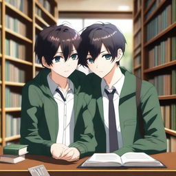 This is a 3D digital art image portraying a romantic scene between two handsome anime-style high school boys in a library