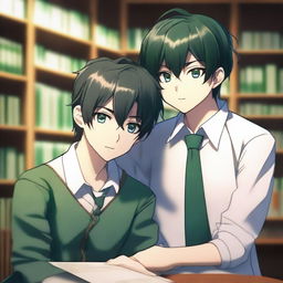 This is a 3D digital art image portraying a romantic scene between two handsome anime-style high school boys in a library