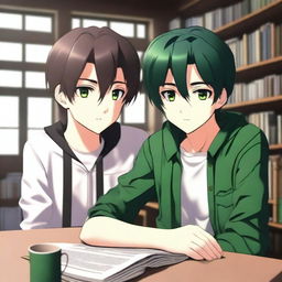 This is a 3D digital art image portraying a romantic scene between two handsome anime-style high school boys in a library