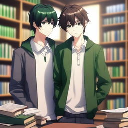 This is a 3D digital art image portraying a romantic scene between two handsome anime-style high school boys in a library