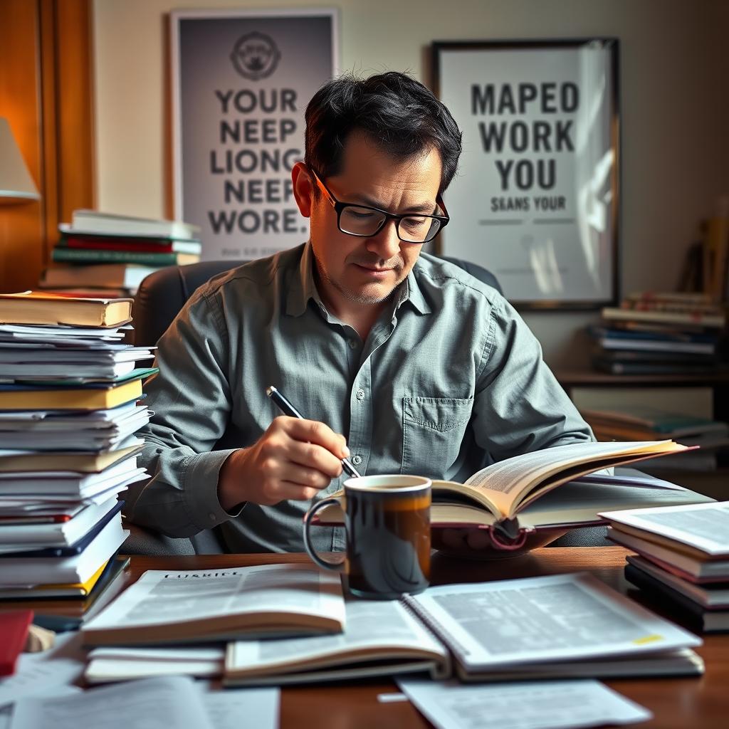A focused and determined student, resembling Rene Favaloro, deeply engaged in studying