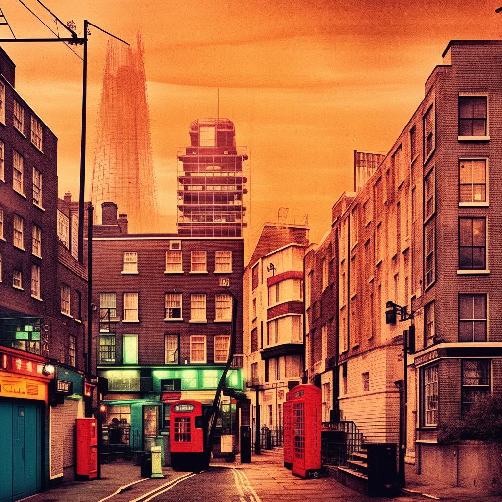 Create a Lo-Fi style illustration of the city of London, imparting a distinctly British vibe, suitable for an album cover.