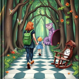 In the midst of an enchanted forest, a woman with a green backpack walks, accompanied by two fairies: one looking sad and the other exuberantly joyful