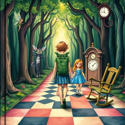 In the midst of an enchanted forest, a woman with a green backpack walks, accompanied by two fairies: one looking sad and the other exuberantly joyful