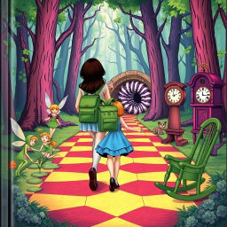 In the midst of an enchanted forest, a woman with a green backpack walks, accompanied by two fairies: one looking sad and the other exuberantly joyful