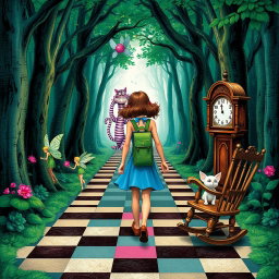 In the midst of an enchanted forest, a woman with a green backpack walks, accompanied by two fairies: one looking sad and the other exuberantly joyful