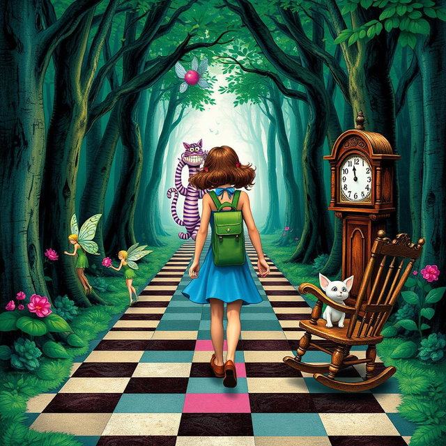 In the midst of an enchanted forest, a woman with a green backpack walks, accompanied by two fairies: one looking sad and the other exuberantly joyful