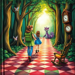 In the heart of an enchanted forest, a woman with a green backpack walks with two fairies following her: one appearing sad and the other filled with joy