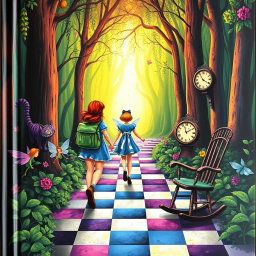 In the heart of an enchanted forest, a woman with a green backpack walks with two fairies following her: one appearing sad and the other filled with joy