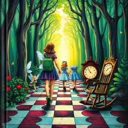 In the heart of an enchanted forest, a woman with a green backpack walks with two fairies following her: one appearing sad and the other filled with joy