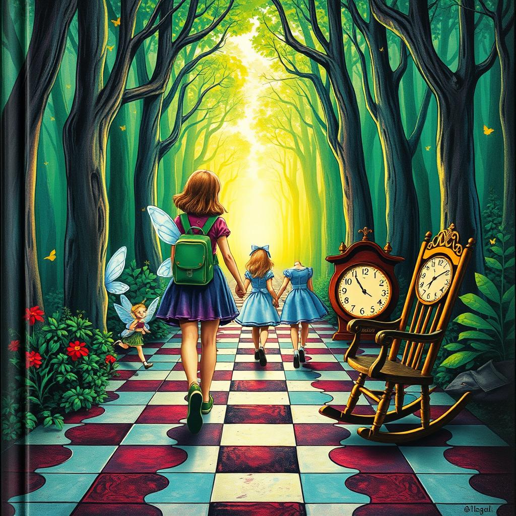 In the heart of an enchanted forest, a woman with a green backpack walks with two fairies following her: one appearing sad and the other filled with joy
