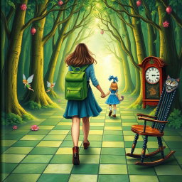 In the heart of an enchanted forest, a woman with a green backpack walks with two fairies following her: one appearing sad and the other filled with joy