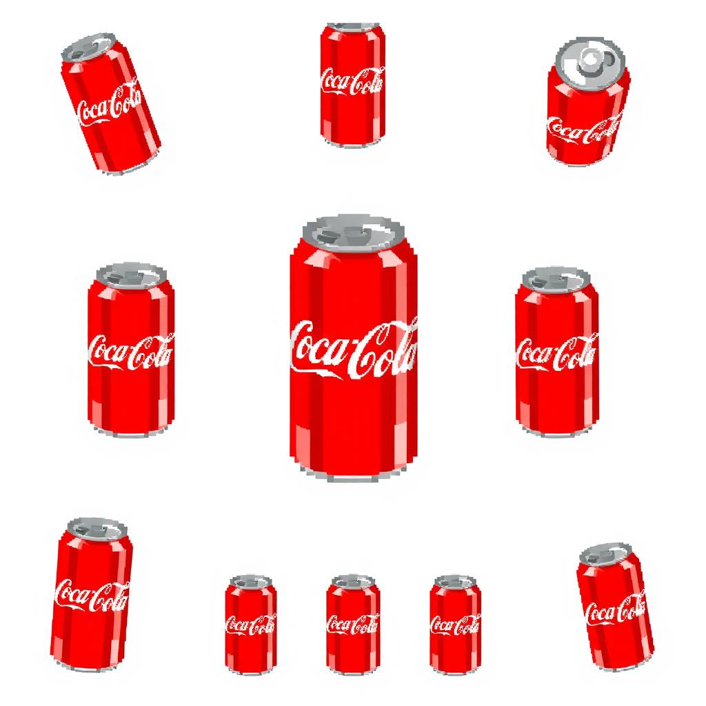 A pixel art sprite sheet featuring a 16x16 grid design of a classic Coca-Cola soda can viewed from the top front perspective