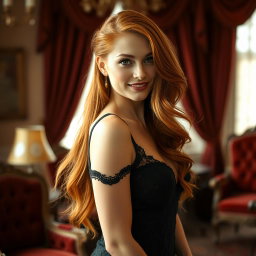 A stunning portrait of a beautiful, sexy redhead woman with flowing hair cascading down her shoulders