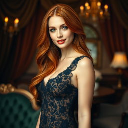 A stunning portrait of a beautiful, sexy redhead woman with flowing hair cascading down her shoulders