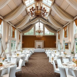 A beautifully designed function hall interior with an elegant frame structure, showcasing high ceilings adorned with ornate chandeliers, and large windows letting in natural light