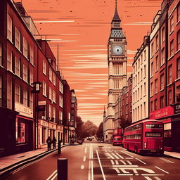 Create a Lo-Fi style illustration of the city of London, imparting a distinctly British vibe, suitable for an album cover.