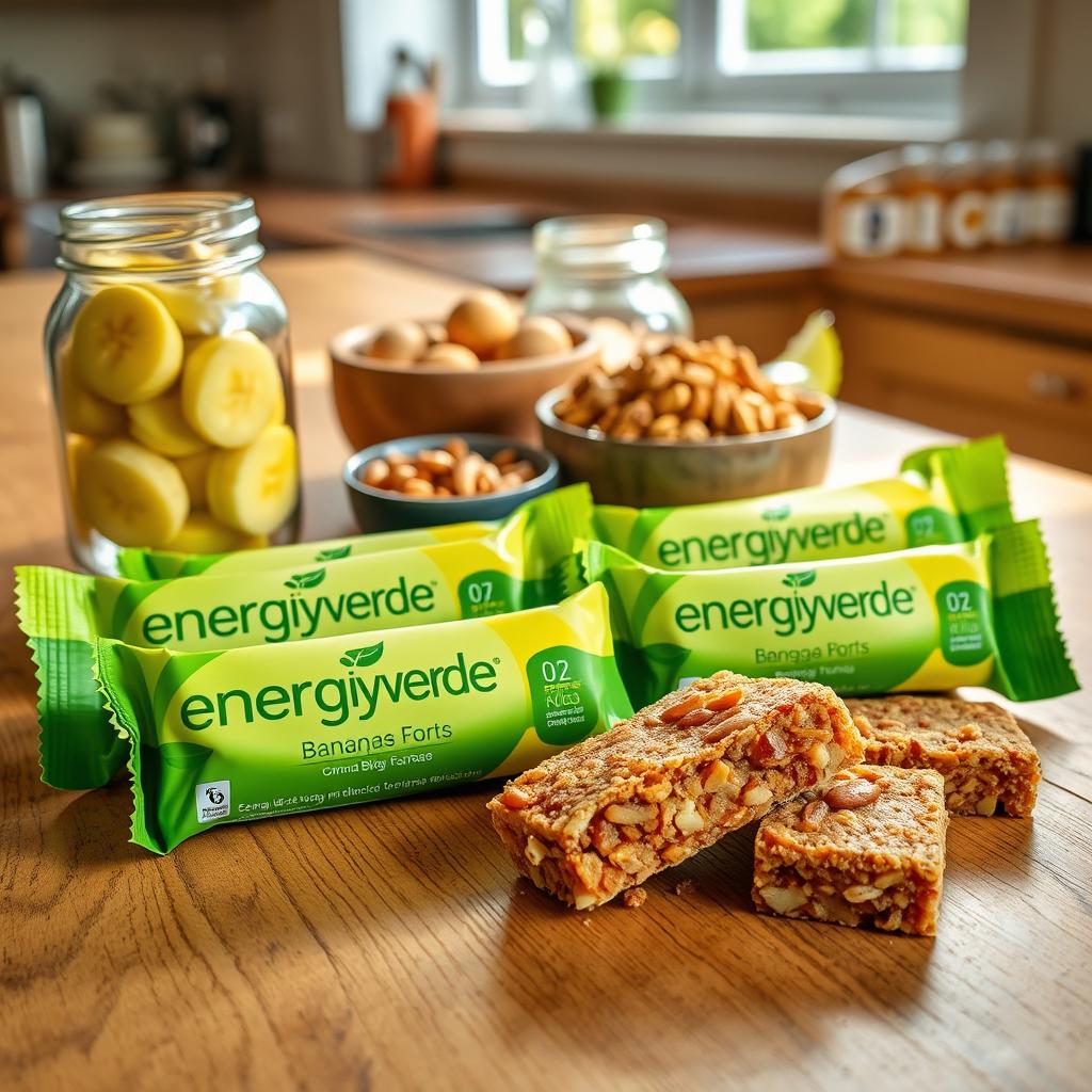 Energetic banana bars branded 'Energiverde', displayed on a wooden kitchen table