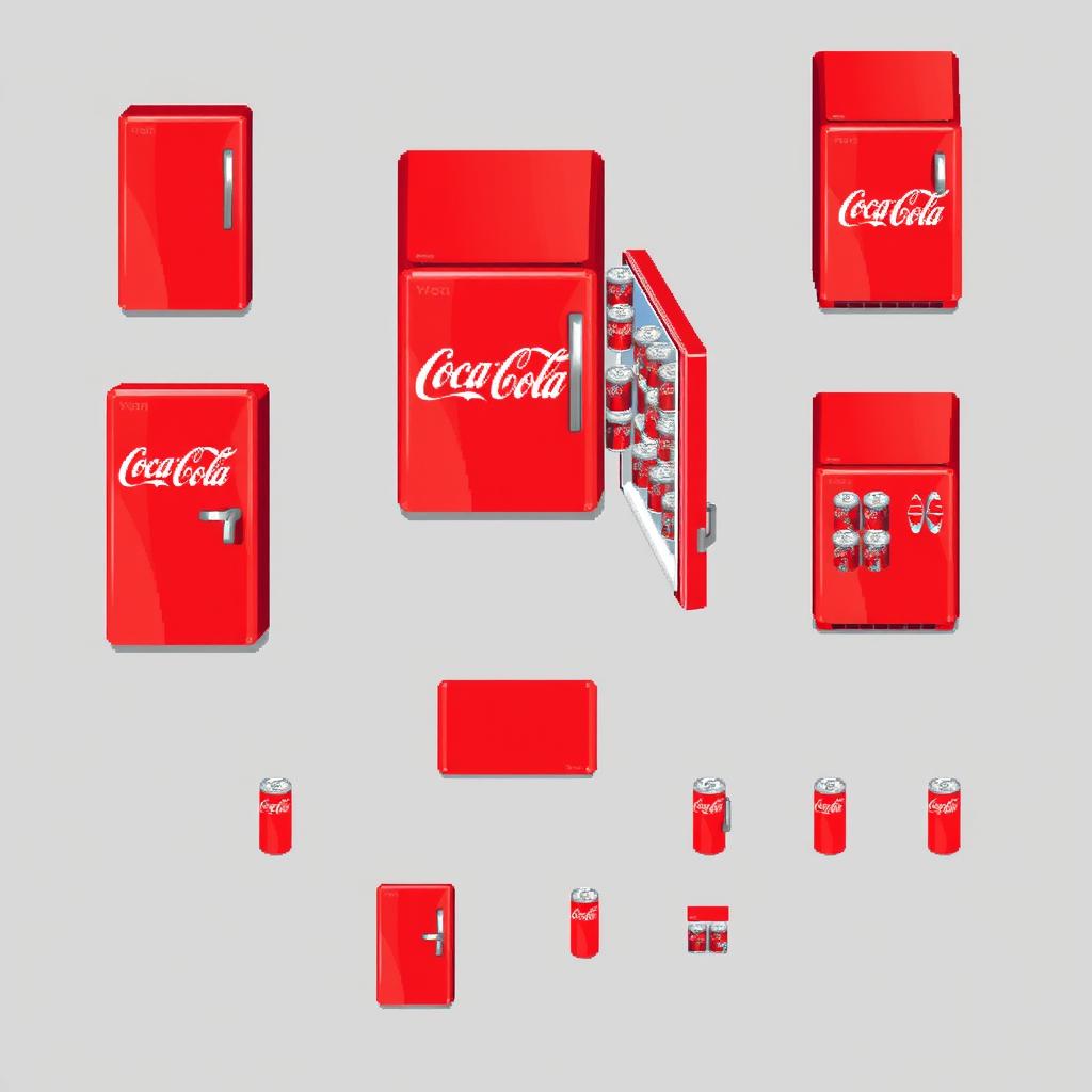 A pixel art spritesheet depicting a Coca-Cola refrigerator from a top-down view, featuring a 16x16 grid design